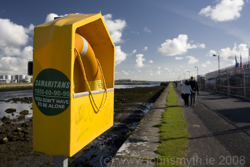 Life Savers for the spirit - a Samaritans sticker on a lifebelt on Nimmos Pier in Galway